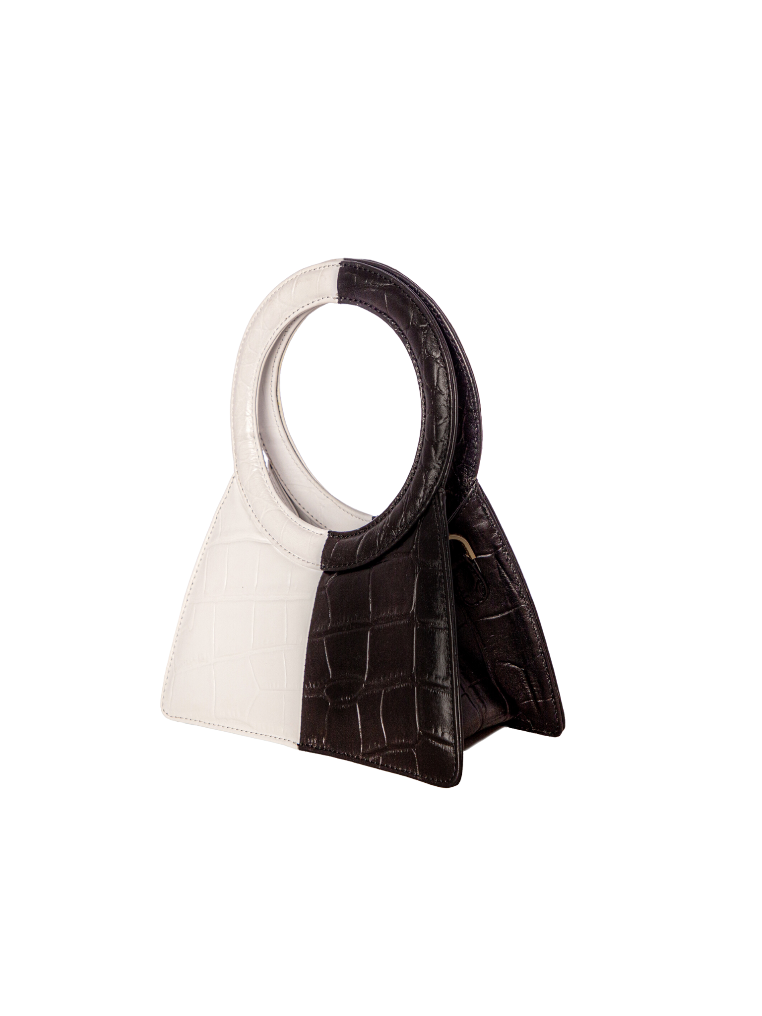 HerPorte-Black and White Aseela Croc-embossed Circular Top Handle Bag