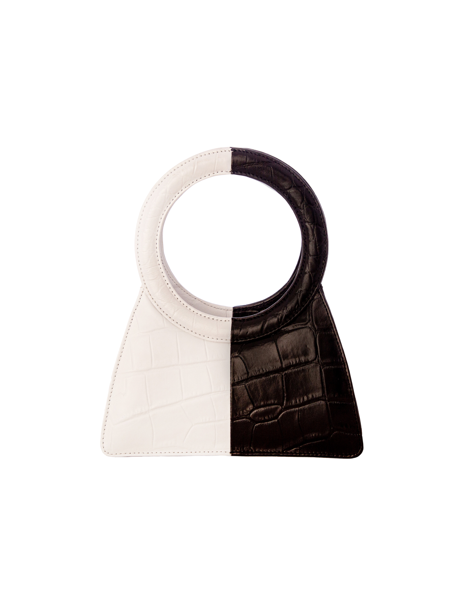 HerPorte-Black and White Aseela Croc-embossed Circular Top Handle Bag