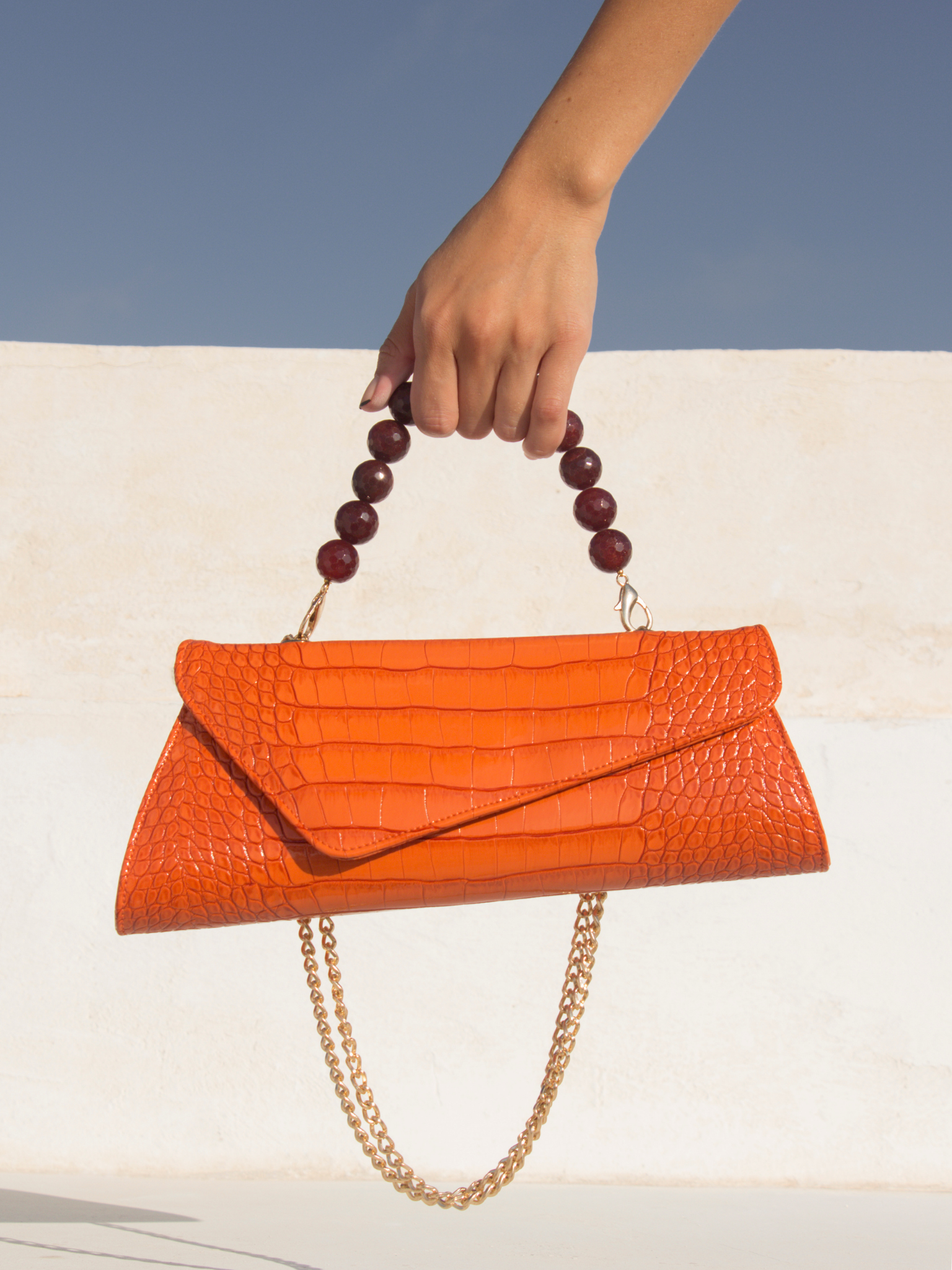 HerPorte-Orange GHALIA Croc-embossed Shoulder Bag