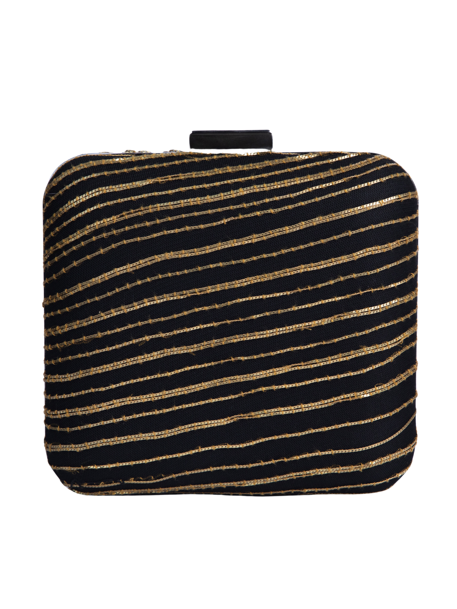 HerPorte-Black Crepe Clutch With Metallic Fringes