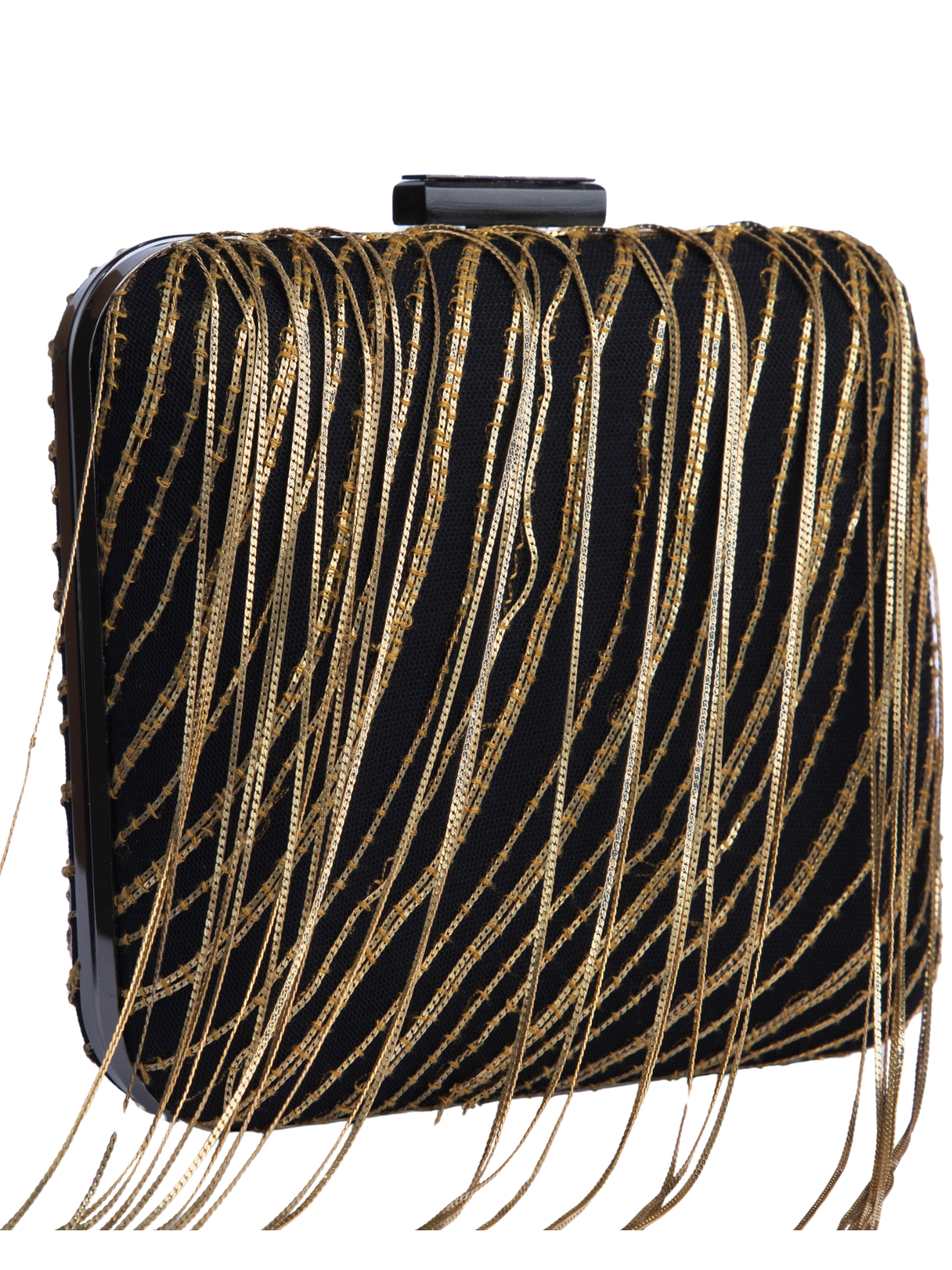 HerPorte-Black Crepe Clutch With Metallic Fringes