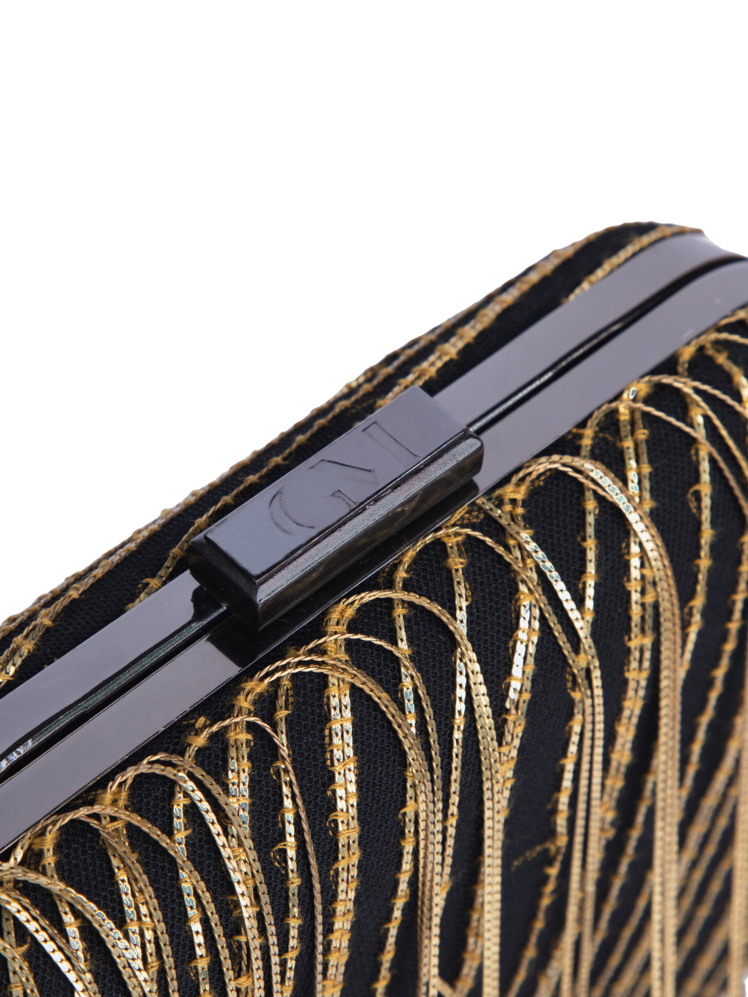 HerPorte-Black Crepe Clutch With Metallic Fringes