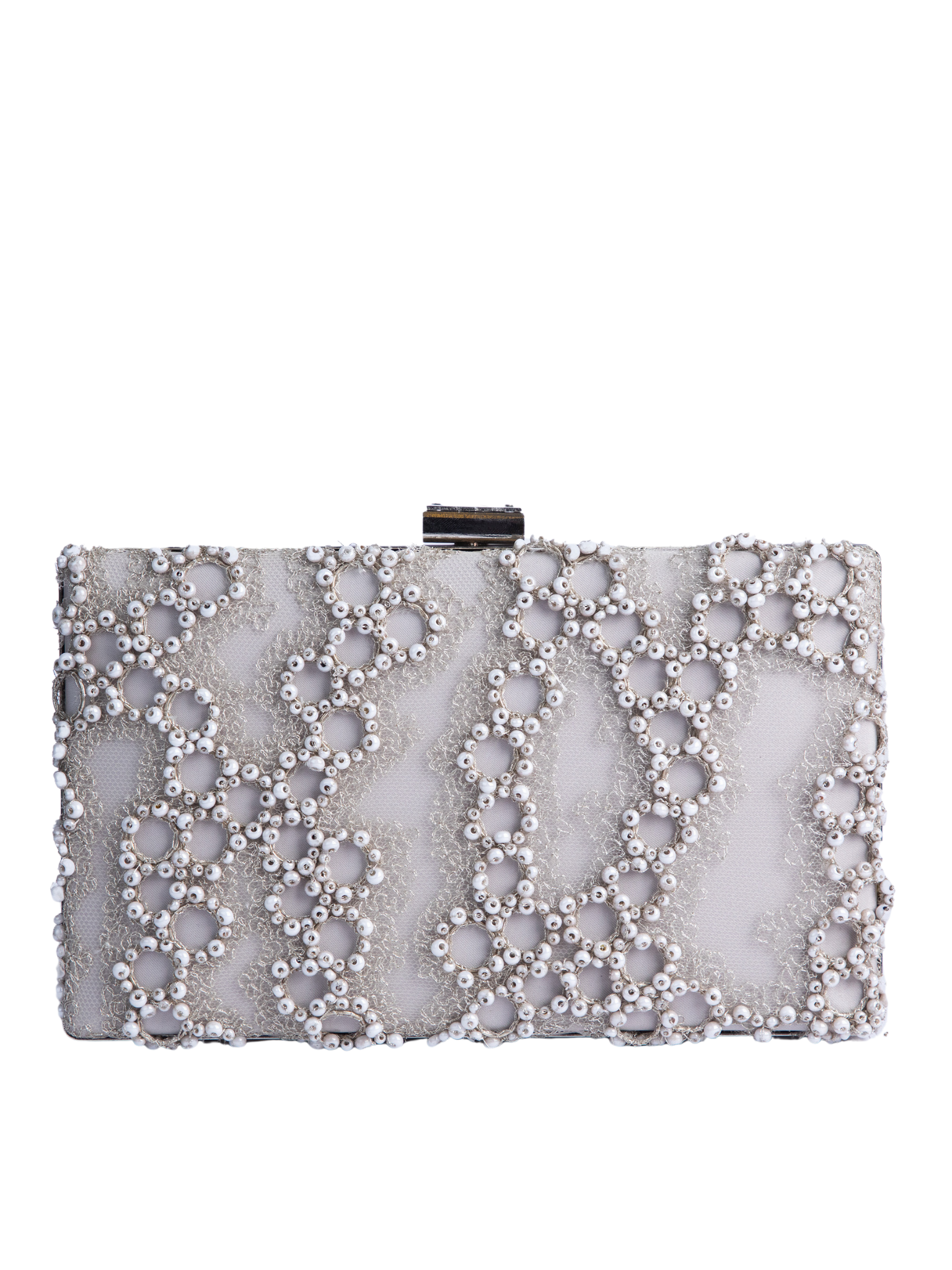 HerPorte-Embroidered Gray Tulle Satin Clutch