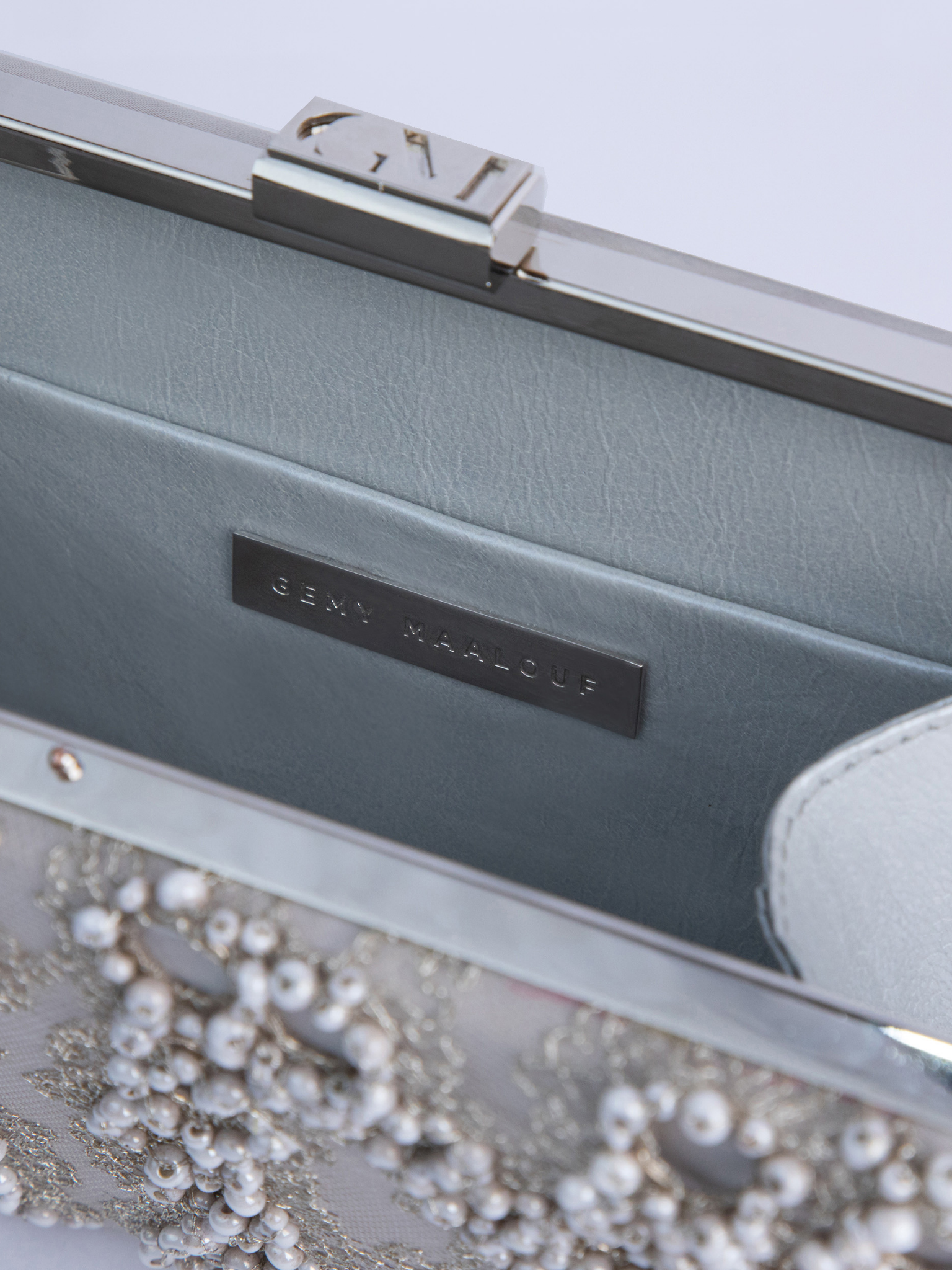 HerPorte-Embroidered Gray Tulle Satin Clutch