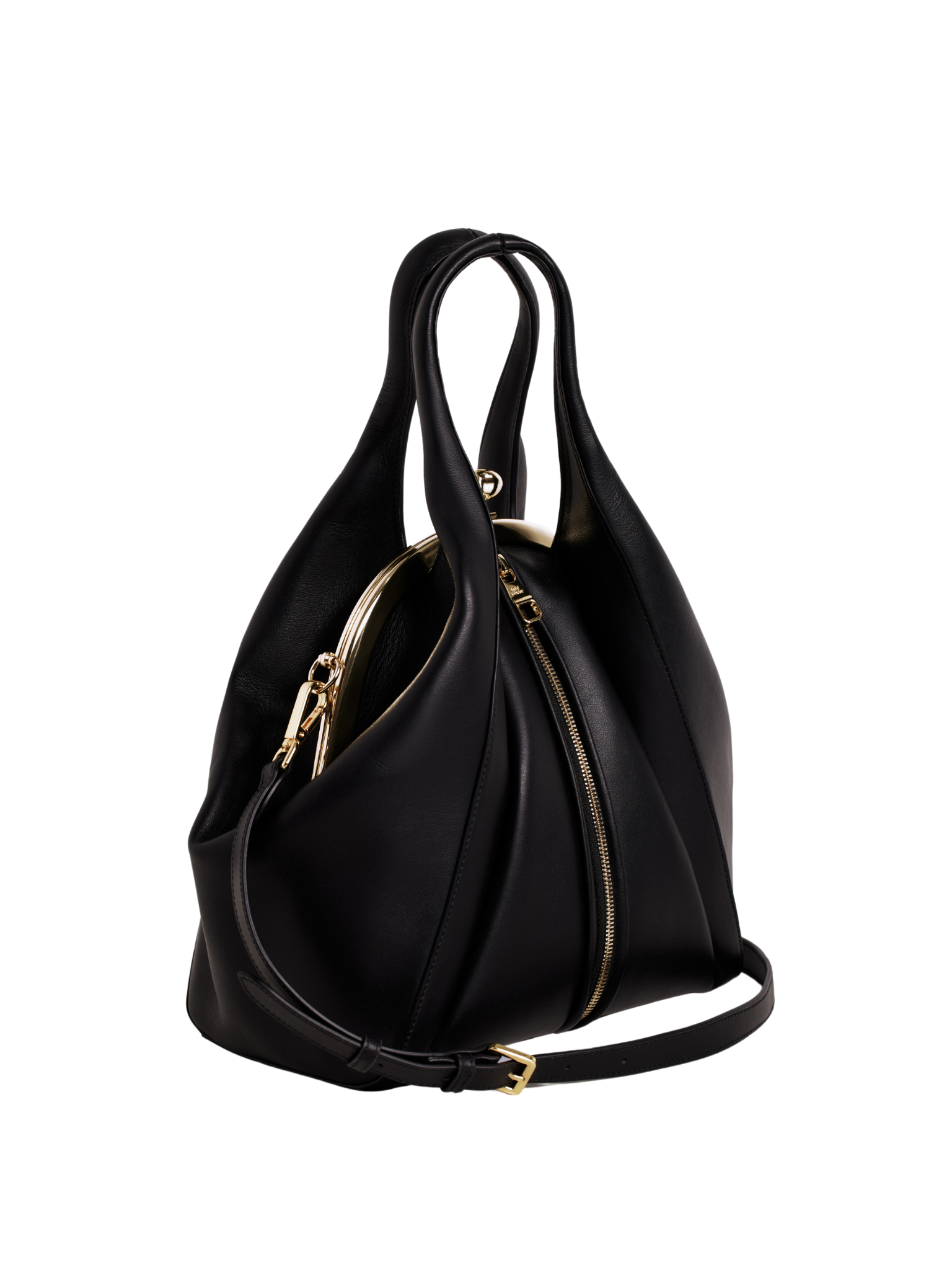 HerPorte-Black Calfskin Bag with Middle Zipper